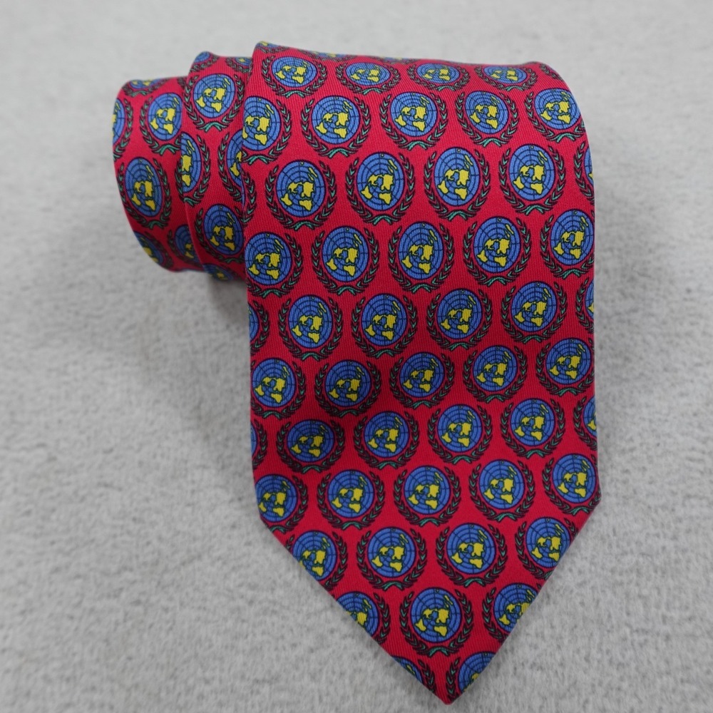 Hermes Tie Red Globe Mens Nectie United Nations 50 Years Limited Silk France